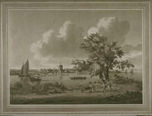 Figuurit kuljettavat vihanneksia Thames-joen rannalla (akvatinta)